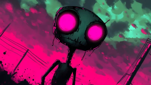 Neon alien figure under vivid cyan and magenta sky.