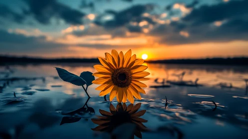 Sunflower in shallow water at low horizon sunset scene.