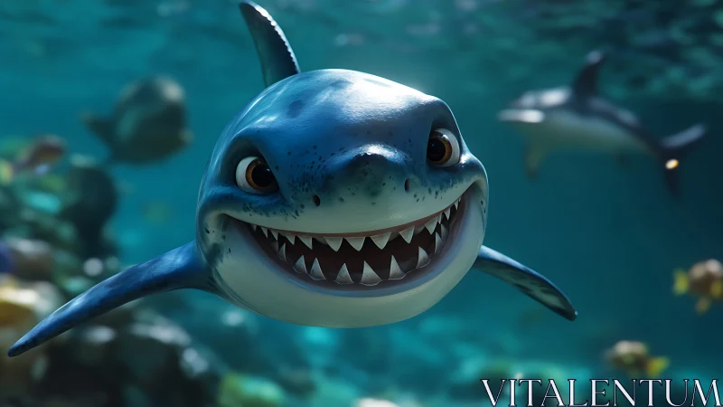 Smiling cartoon shark swimming in bright blue ocean scene.