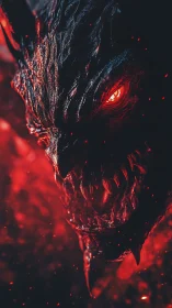 Infernal demon portrait in crimson backlit close-up render.