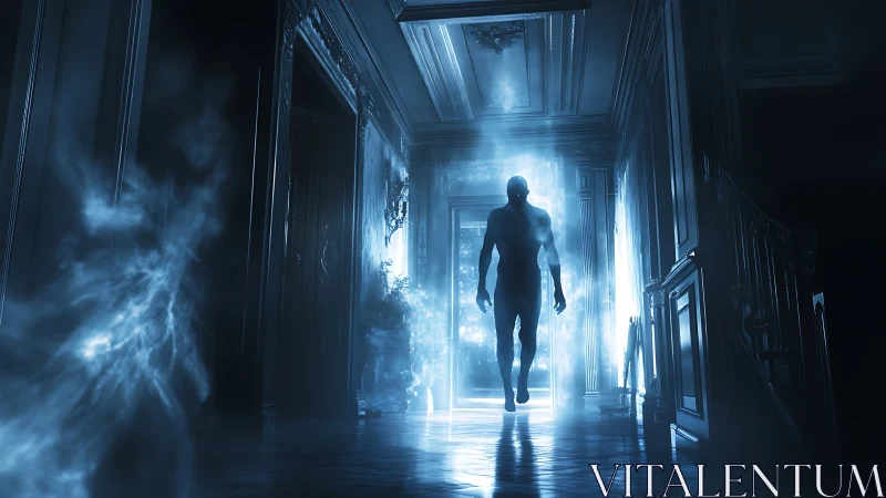 Backlit spectral figure levitates in a luminous haunted corridor