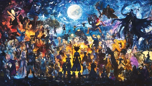 Epic anime crossover unfolds beneath a radiant cosmic moon