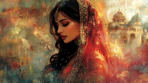 Elegant bride in red sari amid dreamy palace colors.