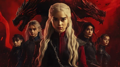 Dragon-led warrior women confront crimson storm of fire.