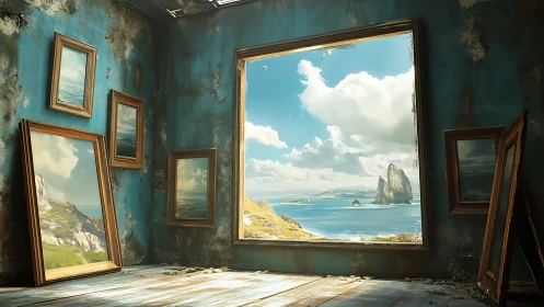 Framed coastal seascapes in decayed blue interior room.