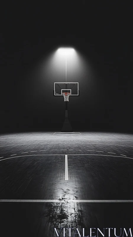 Lone hoop under arena spotlight, waiting for one last shot.