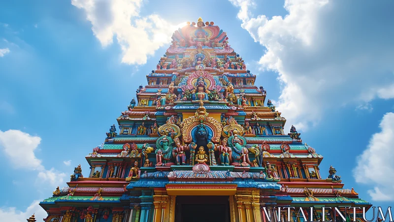 Tiered temple gopuram rises vertically against blue sky