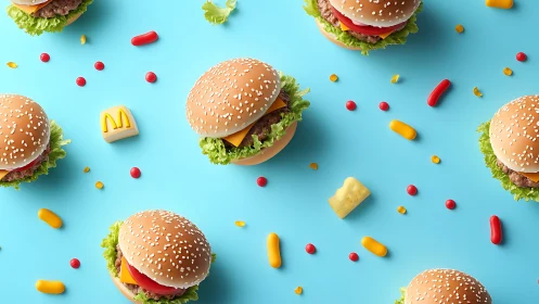 Patterned arrangement of burgers and snacks on blue surface.