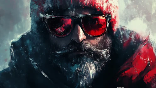 Bearded figure in red hood and glasses in icy setting.