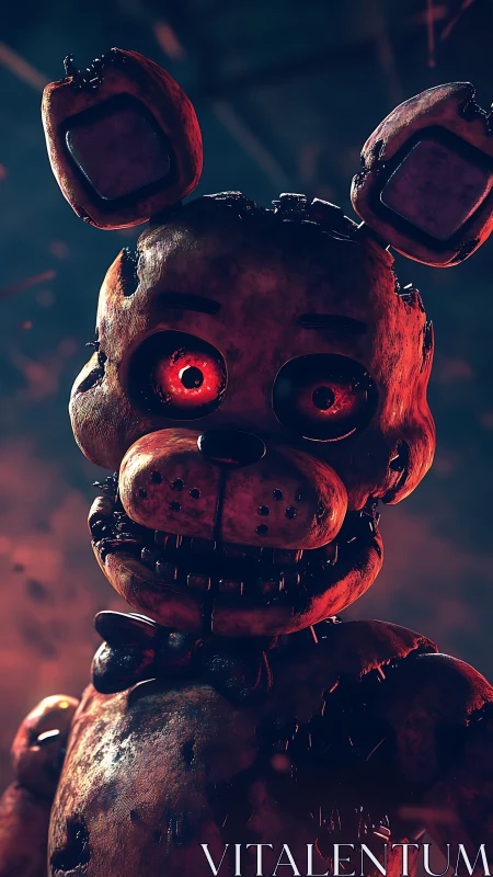 Rust-bitten animatronic grins under furnace-red stage lights