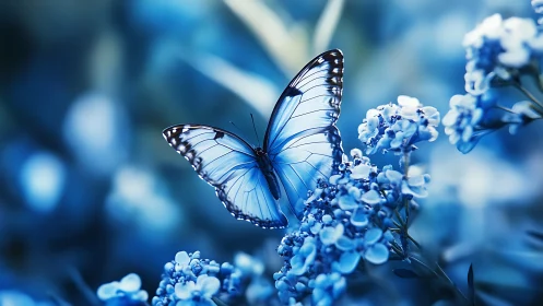 Blue butterfly rests on blossoms in cool bokeh garden