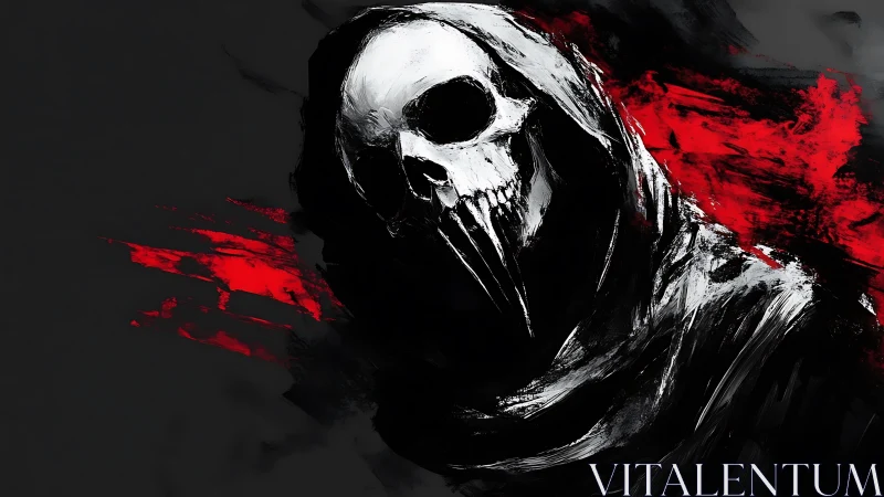 Hooded skull figure looms over dark background with red streaks