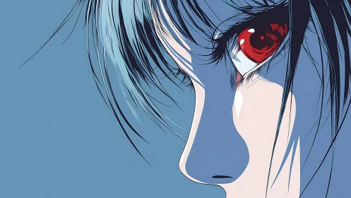 Angular anime profile isolates a crimson, hyper-detailed eye