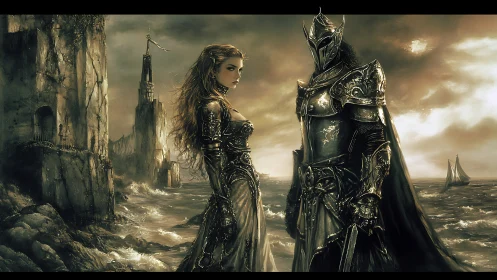 Armored warrior and robed figure on stormy coastal ruins.