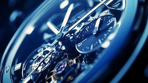 Luxury Mechanical Watch Close-Up in Modern Blue Tones, Macro Style.