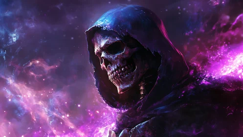 Spectral hooded skeleton amid ionized nebular plasma field.