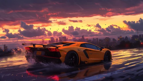 Yellow supercar powers through wet rooftop at neon sunset