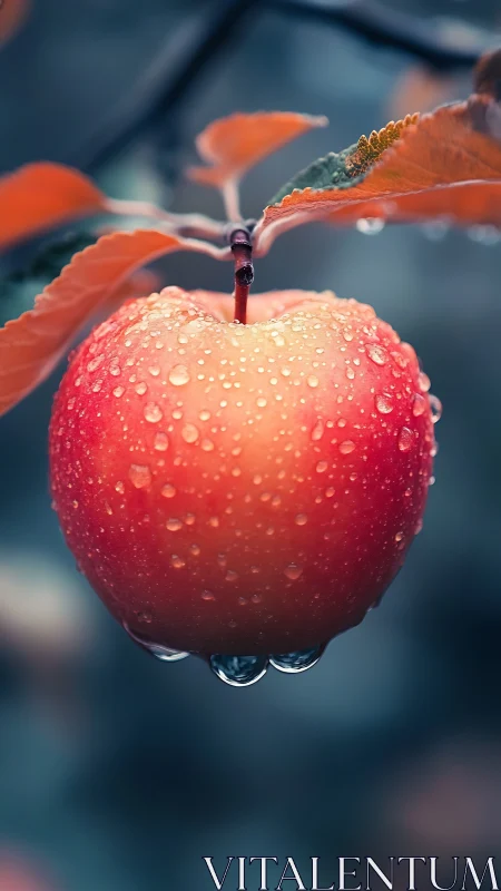 Dew-covered apple hangs beneath cool autumn foliage.