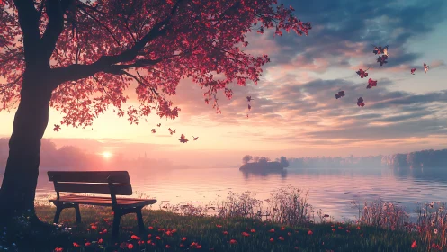 Lakeside bench under red tree at calm sunrise horizon.