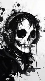 Skull headed figure in headphones with ink splatter background.