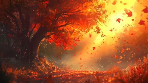 Backlit autumn forest path with windblown crimson foliage