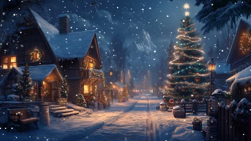 Digital painting of a snowlit Christmas village streetscape at night.