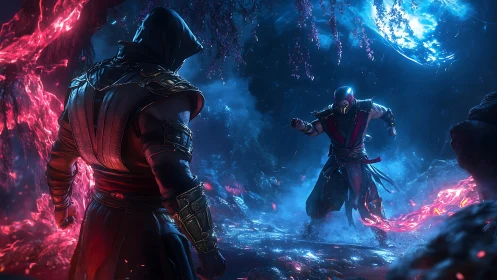 Armored ninjas clash under glowing moonlit storm in ruins.