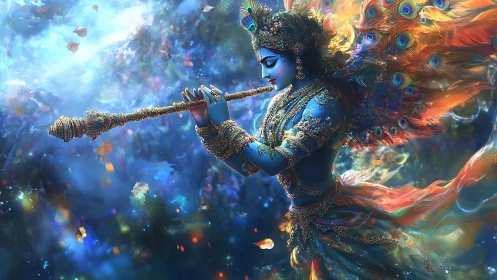 Blue divine musician with radiant peacock feather aura