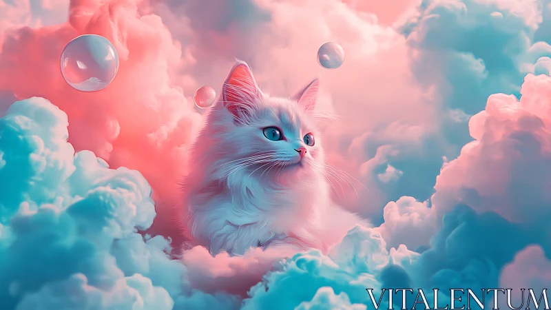 Celestial Cat in Pastel Clouds and Bubbles.