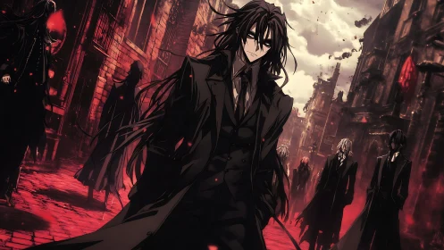 Anime figures in dark suits on red lit urban street.