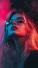 Dreamy neon portrait in soft pink and electric blue light.