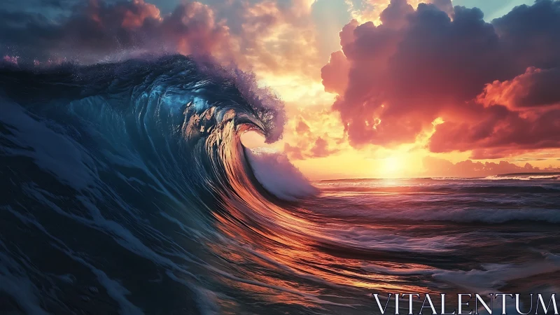 Sunset wave curls under dramatic glowing storm clouds.