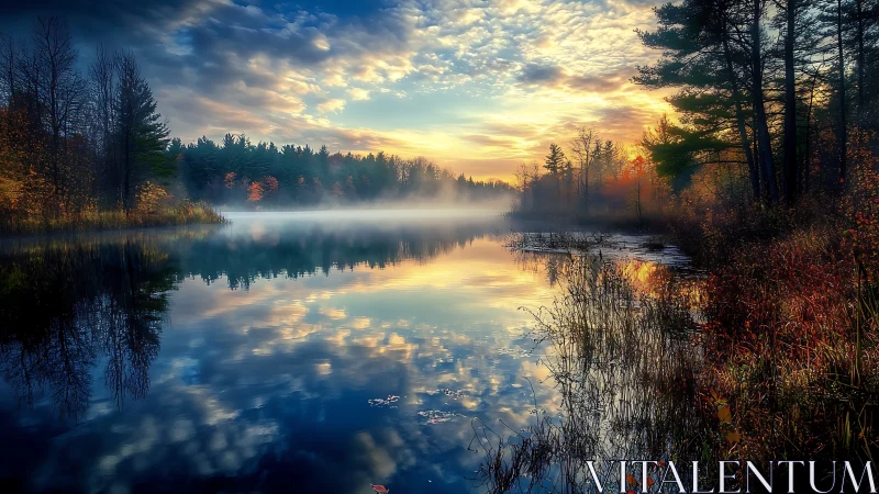 Golden sunrise mist drifts over a tranquil autumn forest lake