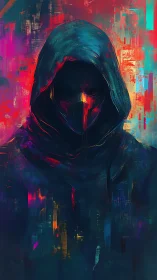 Hooded cybernetic figure dissolves into neon glitch strata