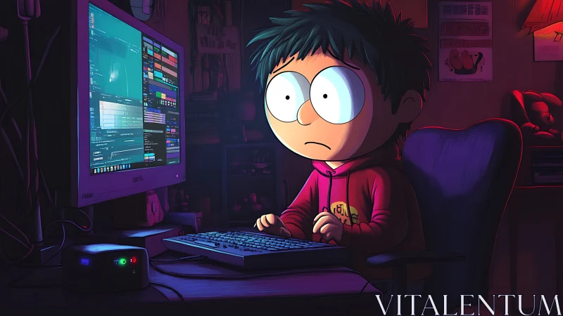 Wide eyed night coder bathed in neon monitor glow. Period.