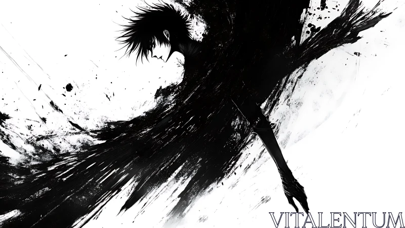 Ink-swept figure emerging from shadows and quiet light.