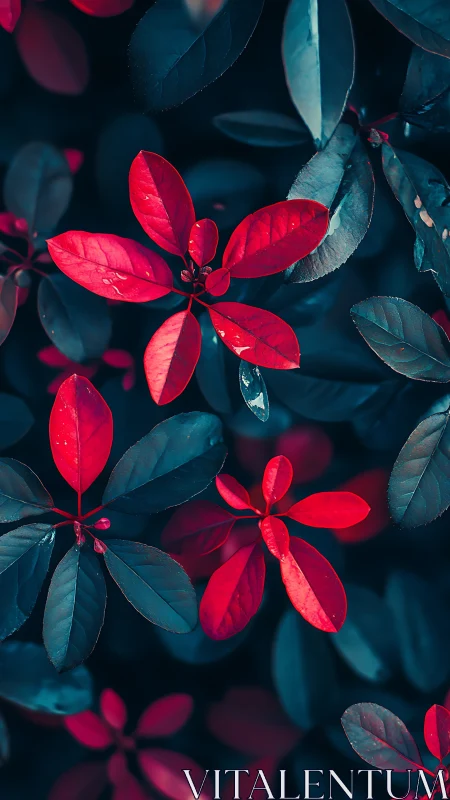Contrasting red and teal foliage is captured in close view