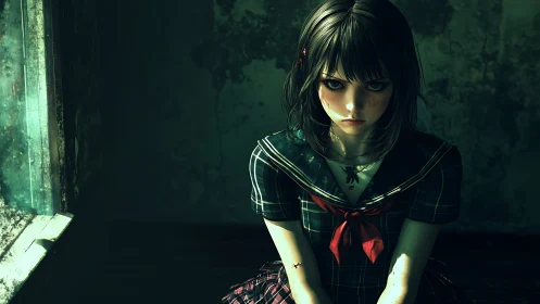 Moody anime schoolgirl in dim, decayed interior setting.