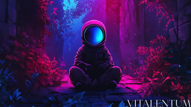 Neon-lit astronaut sits alone in bioluminescent jungle ruins