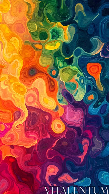 Multicolored fluid abstraction with swirling layered forms.