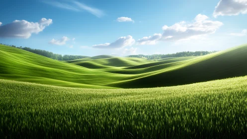 Sunlit green hills rolling gently under a bright spring sky.