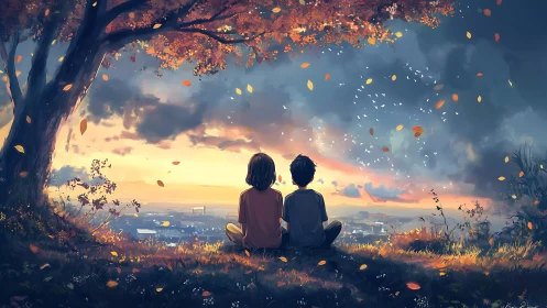 Two small dreamers harvest falling dusk beneath autumn skies