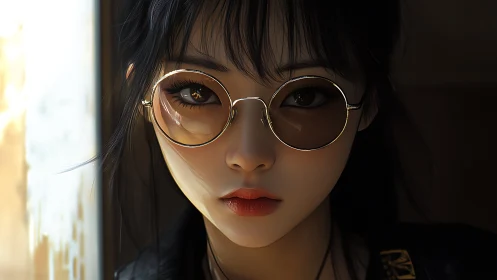 Soft light lingers on a girl in round gold sunglasses