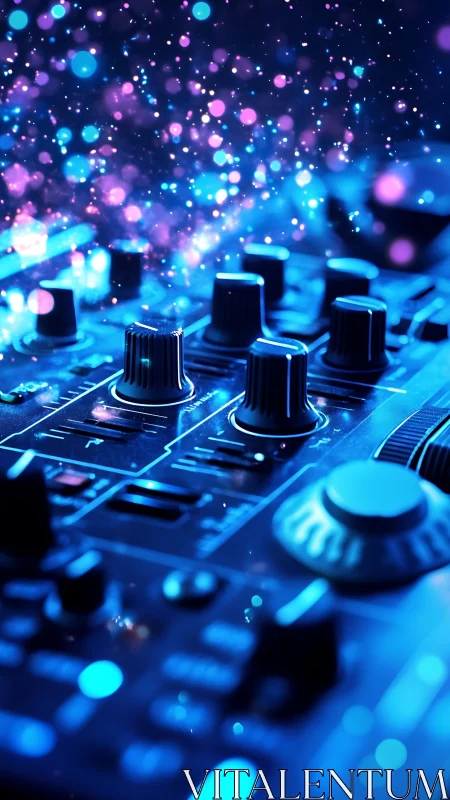 Neon DJ soundboard in cyberpunk bokeh-lit close perspective.