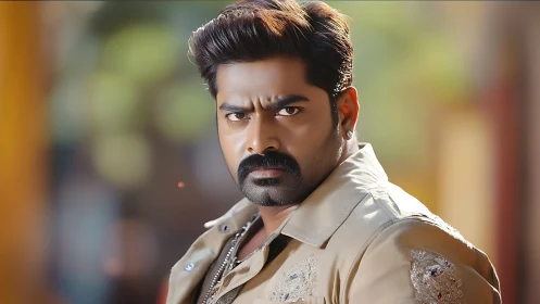 Steel-eyed gaze carves intensity through soft blurred lights