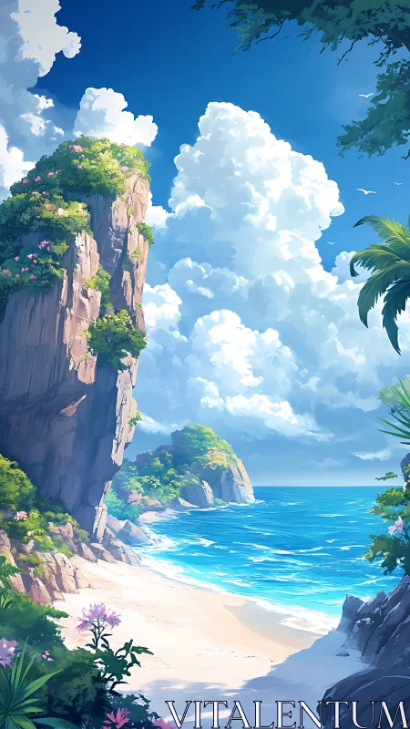 Coastal Cliff Sanctuary: Digital Landscape with Towering Rock Formation