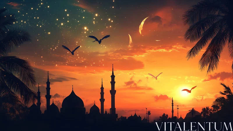 Silhouetted mosque skyline aligns with stylized sunset sky