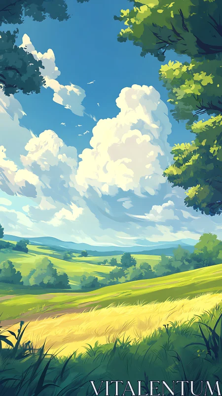 Sunlit rolling fields stretch beneath deep blue sky