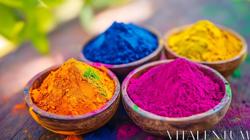 Vibrant Holi color powders in rustic wooden bowls outdoors.