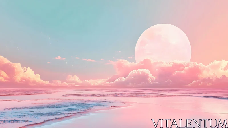 Pastel moonrise over surreal cotton candy ocean sky.